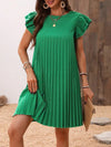 Pleated Mini Dress – Dark Green, Round Neck & Cap Sleeve