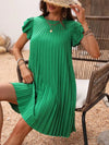 Pleated Mini Dress – Dark Green, Round Neck & Cap Sleeve
