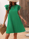 Pleated Mini Dress – Dark Green, Round Neck & Cap Sleeve