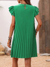 Pleated Mini Dress – Dark Green, Round Neck & Cap Sleeve
