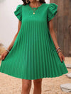 Pleated Mini Dress – Dark Green, Round Neck & Cap Sleeve