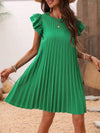 Pleated Mini Dress – Dark Green, Round Neck & Cap Sleeve